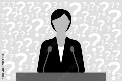 Political person or businesswoman at podium and many question marks