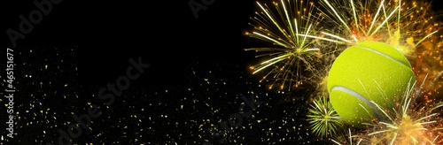 Tennis ball with fireworks on a black background. Ideal for New Year, victories and celebrations