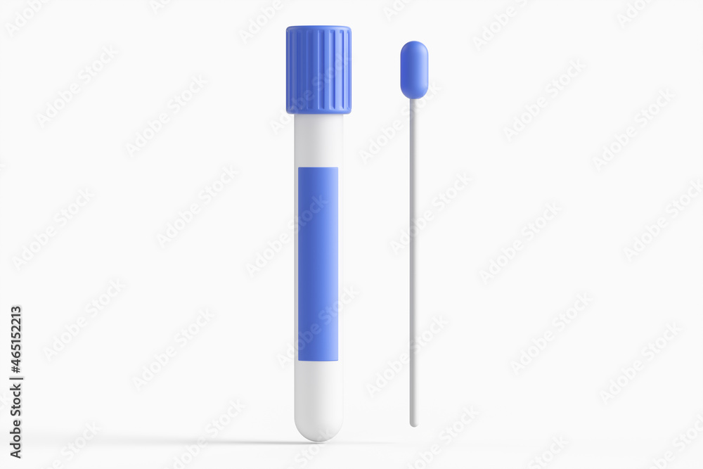 Coronavirus COVID-19 pcr test isolated on white background. Blue ampoule with a swab stick in the nose. 3d rendering illustration. Coronavirus COVID-19 pcr test isolated on white background. Blue ampoule with a swab stick in the nose. 3d rendering illustration.