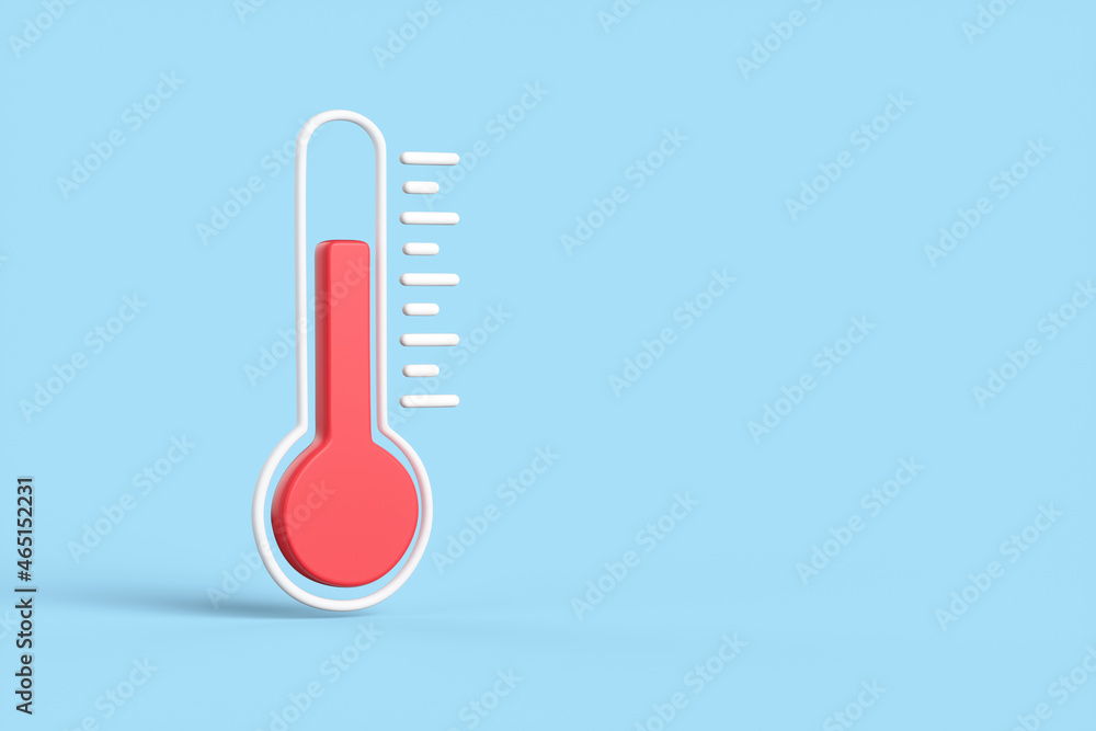 Cartoon red thermometer isolated on blue background. The concept of weather and increased temperature from a pandemic. 3d render illustration. - obrazy, fototapety, plakaty 