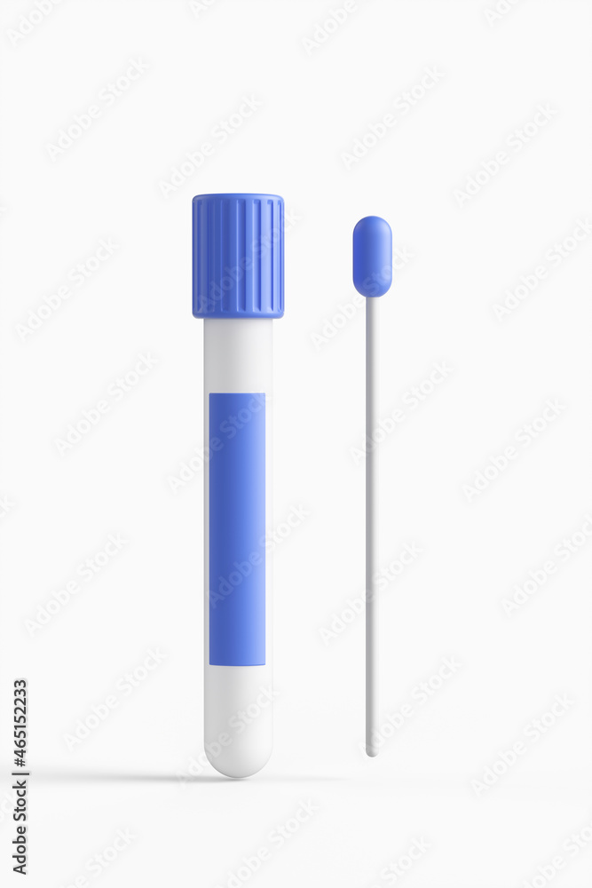 Coronavirus COVID-19 pcr test isolated on white background. Blue ampoule with a swab stick in the nose. 3d rendering illustration. Coronavirus COVID-19 pcr test isolated on white background. Blue ampoule with a swab stick in the nose. 3d rendering illustration.