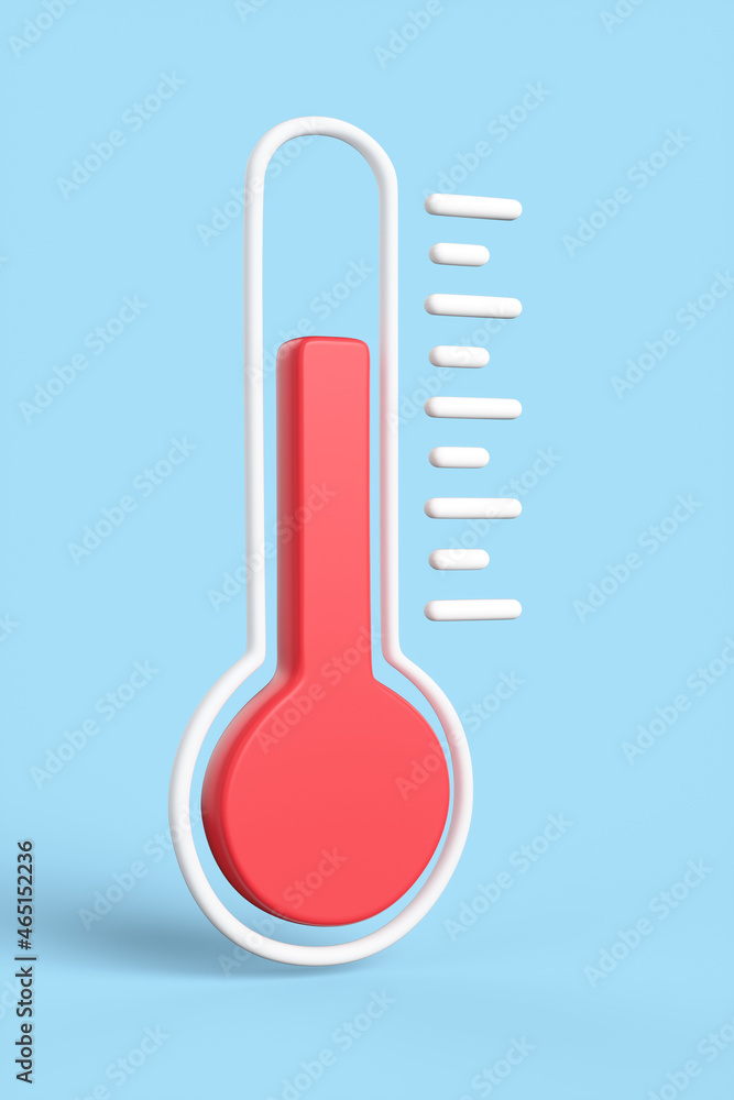 Cartoon red thermometer isolated on blue background. The concept of weather and increased temperature from a pandemic. 3d render illustration. Cartoon red thermometer isolated on blue background. The concept of weather and increased temperature from a pandemic. 3d render illustration.