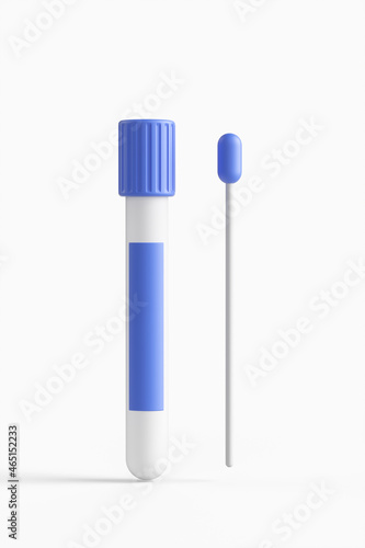 Coronavirus COVID-19 pcr test isolated on white background. Blue ampoule with a swab stick in the nose. 3d rendering illustration.