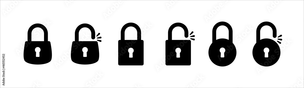 Lock icon set. Locked and unlocked vector icon set. Locked and unlocked padlock symbol of device security. Privacy symbol vector stock illustration. Round and square shape padlock. Lock icon set. Locked and unlocked vector icon set. Locked and unlocked padlock symbol of device security. Privacy symbol vector stock illustration. Round and square shape padlock.