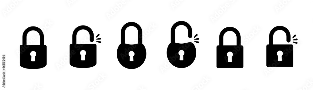 Lock icon set. Locked and unlocked vector icon set. Locked and unlocked padlock symbol of device security. Privacy symbol vector stock illustration. Round and square shape padlock. Lock icon set. Locked and unlocked vector icon set. Locked and unlocked padlock symbol of device security. Privacy symbol vector stock illustration. Round and square shape padlock.