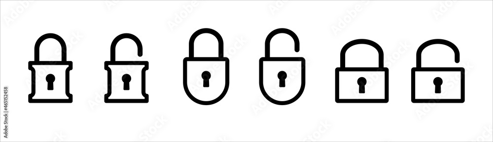 Lock icon set. Locked and unlocked vector icon set. Locked and unlocked padlock symbol of device security. Privacy symbol vector stock illustration. Round and square shape padlock. Outline style. Lock icon set. Locked and unlocked vector icon set. Locked and unlocked padlock symbol of device security. Privacy symbol vector stock illustration. Round and square shape padlock. Outline style.