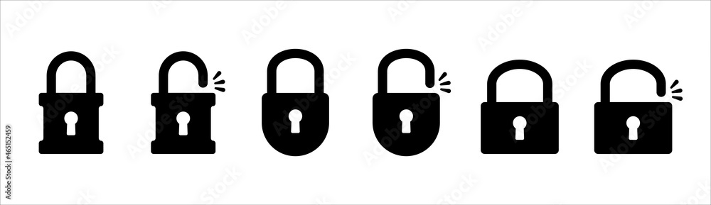 Lock icon set. Locked and unlocked vector icon set. Locked and unlocked padlock symbol of device security. Privacy symbol vector stock illustration. Round and square shape padlock. Lock icon set. Locked and unlocked vector icon set. Locked and unlocked padlock symbol of device security. Privacy symbol vector stock illustration. Round and square shape padlock.