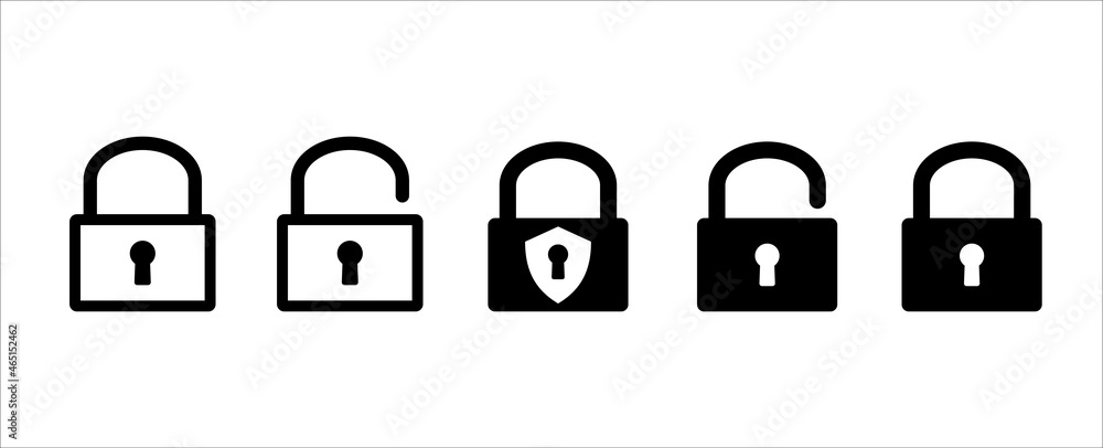 Lock icon set. Locked and unlocked vector icon set. Locked and unlocked padlock symbol of data device security. Privacy symbol vector stock illustration. Unlock button sign. Lock icon set. Locked and unlocked vector icon set. Locked and unlocked padlock symbol of data device security. Privacy symbol vector stock illustration. Unlock button sign.