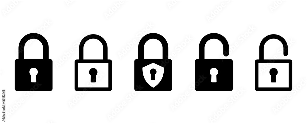 Lock icon set. Locked and unlocked vector icon set. Locked and unlocked padlock symbol of data device security. Privacy symbol vector stock illustration. Unlock button sign. Lock icon set. Locked and unlocked vector icon set. Locked and unlocked padlock symbol of data device security. Privacy symbol vector stock illustration. Unlock button sign.