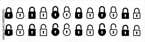 Lock icon set. Locked and unlocked vector icon set. Locked and unlocked padlock symbol of device security. Privacy symbol vector stock illustration. Flat outline design style.