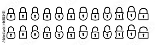 Lock icon set. Locked and unlocked vector icon set. Locked and unlocked padlock symbol of device security. Privacy symbol vector stock illustration. Flat outline design style.