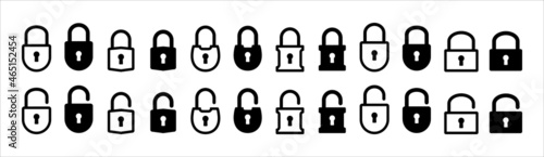 Lock icon set. Locked and unlocked vector icon set. Locked and unlocked padlock symbol of device security. Privacy symbol vector stock illustration. Flat outline design style.