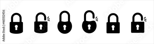 Lock icon set. Locked and unlocked vector icon set. Locked and unlocked padlock symbol of device security. Privacy symbol vector stock illustration. Round and square shape padlock.