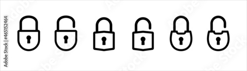 Lock icon set. Locked and unlocked vector icon set. Locked and unlocked padlock symbol of device security. Privacy symbol vector stock illustration. Round and square shape padlock. Outline style.