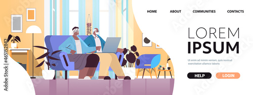 senior couple using laptop grandparents relaxing at home social media network online communication concept
