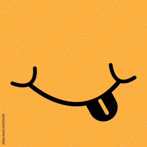Smiling mouth with tongue. Yellow background. Communication concept. Chat emblem. Vector illustration. Stock image. 