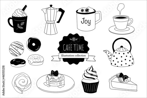 set of cakes and sweets. hand drawn cafe time food collection. isolated vector illustration of sweets, coffees, pot, cake, donut, cupcake, tart, and cinnamon roll.