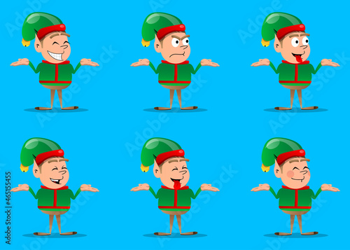 Christmas Elf shrugs shoulders expressing don't know gesture. Vector cartoon character illustration of Santa Claus's little worker, helper.