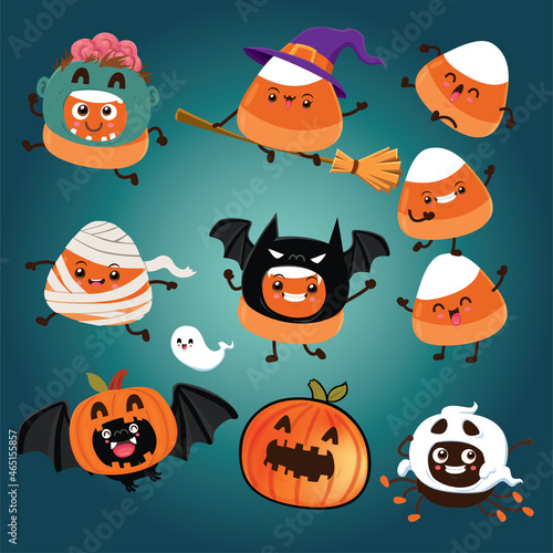 Vintage Halloween poster design with vector vampire, witch, zombie, ghost, mummy, demon, jack o lantern character. 