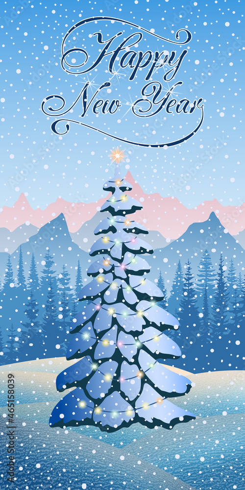 Festive New Year illustration, christmas tree on background of winter landscape, vertical banner