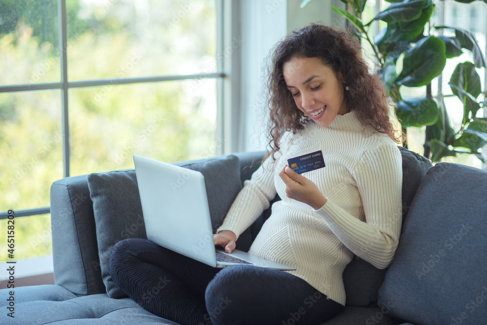 Naklejka premium Women shopping online. Latin women are happy with online shopping.