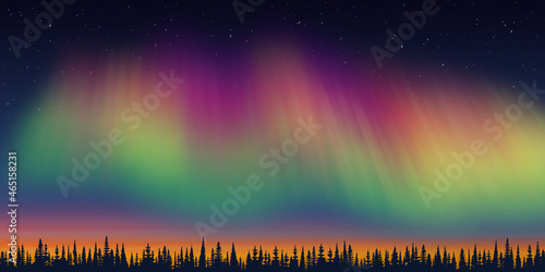 Fantasy on the theme of the northern landscape. Dusk and polar lights. Forest and sunset light. Vector illustration.