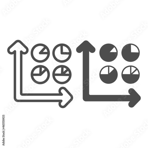 Graph and four fraction pie charts line and solid icon, diagram concept, round diagram and axes vector sign on white background, outline style icon for mobile concept and web design. Vector graphics.