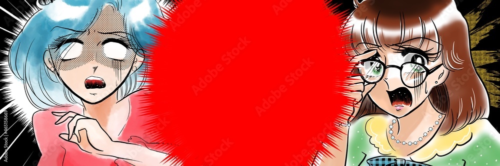 Obraz premium 70年代少女漫画メガネをかけ直してセクハラに怒る真面目な女の子と白目の青髪女性