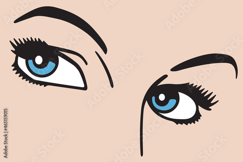Beautiful woman’s eyes looking toward viewer.
Comic book style vector illustration of close up of female eyes and eyebrows.