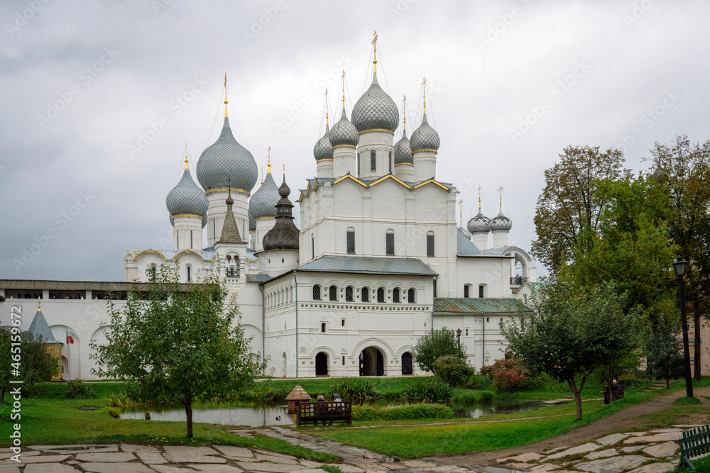 View of the Church of the Resurrection, the gate to Cathedral Square, the domes of the Assumption Cathedral from the pond in the Vladychy Dvor of the Rostov Kremlin, Rostov Veliky, Yaroslavl region