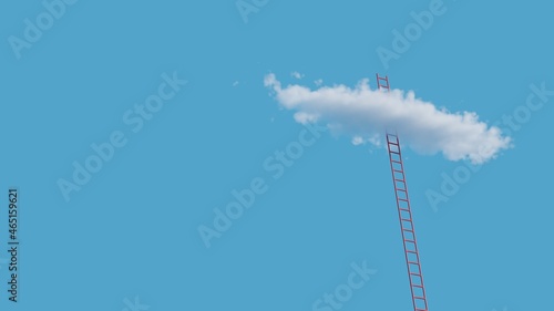Red ladder breaking through fluffy cloud on blue sky.The way to success concept.3d rendering illustration.