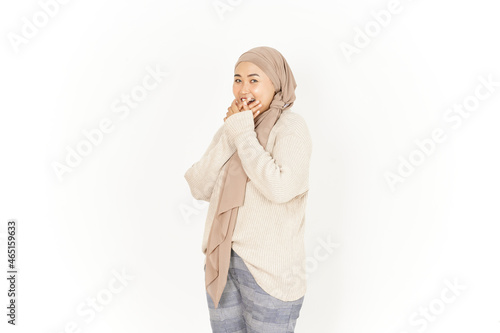 Covering mouth shy gesture of Beautiful Asian Woman Wearing Hijab Isolated On White Background