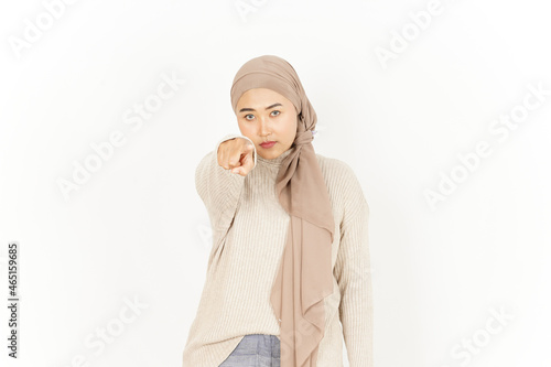 Angry Gesture of Beautiful Asian Woman Wearing Hijab Isolated On White Background