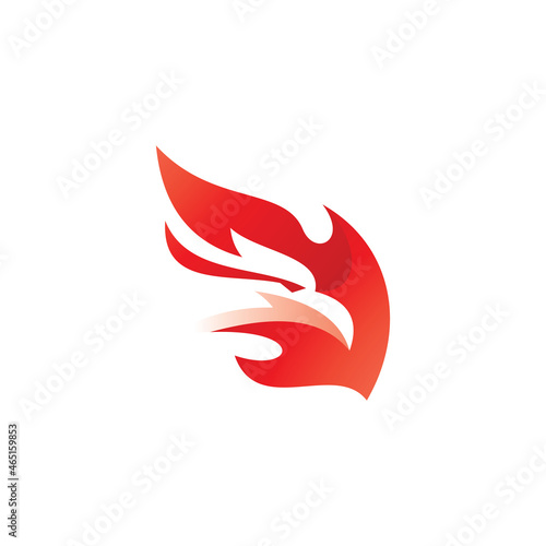 Negative space fire bird logo, phoenix head and flame vector icon with modern gradient color
