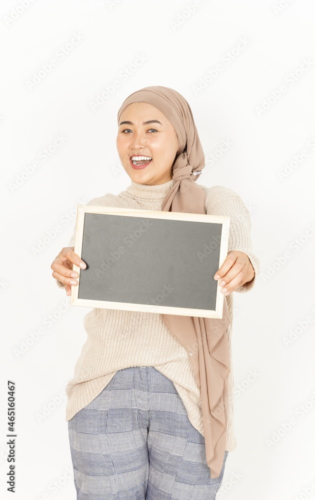 Showing, Presenting and holding Blank Blackboard of Beautiful Asian Woman Wearing Hijab Isolated On White Background Showing, Presenting and holding Blank Blackboard of Beautiful Asian Woman Wearing Hijab Isolated On White Background