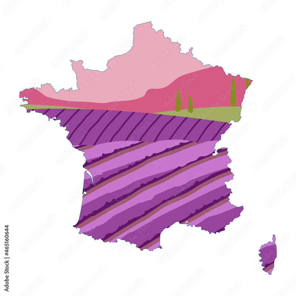 Naklejka premium Map of France combined with lavender field. Vector outline and silhouette map of France. Fields of blooming lavender. Summer sunset landscape with mountain and trees. All isolated on white background