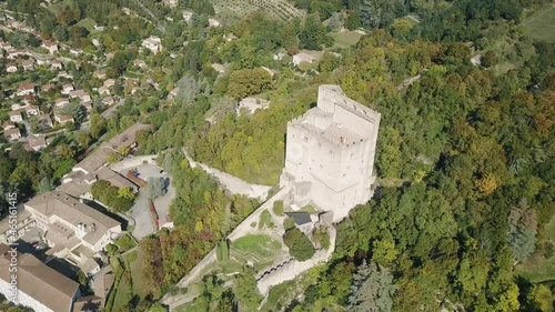 Aerial Of Historic Monument And Highest Dungeon Used As A Prison For Huguenots In Crest, Drôme, France. Drone Orbit photo