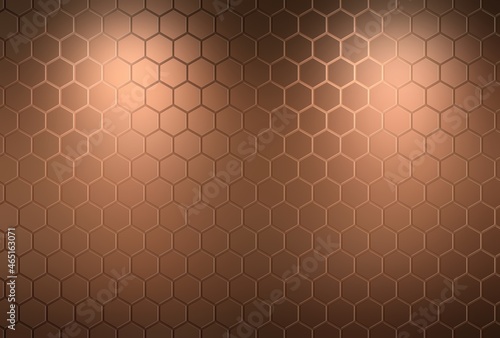 Brown metal hexagonal grid abstract geometric background. Interactive pattern. Shiny effect.