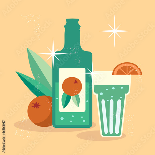 vector illustration in vintage retro style. a bottle of orange soda, a glass of soft drink, and an oranges. trend illustration in flat style