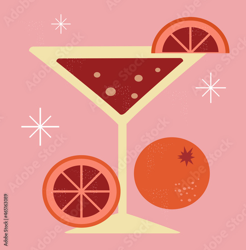 vector illustration in vintage retro style cocktail glass and oranges. trend illustration in flat style