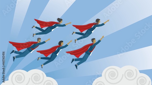 Superheroes flying over clouds. Vector illustration. Dimension 16:9. EPS10.