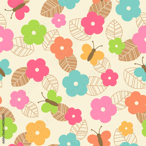 Cute sweet flower, leaf and butterfly seamless vector pattern.