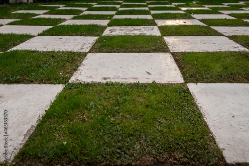 Grid Garden with Grass and Quad White Tiles