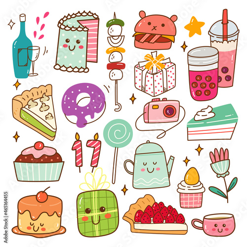 Birthday food and drink kawaii doodle vector illustration