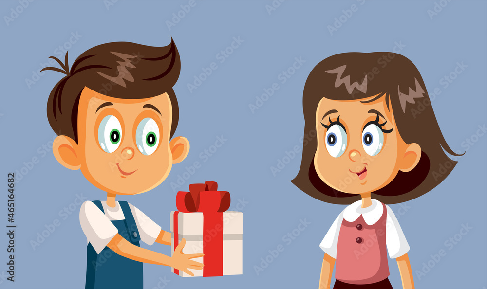 Boy Giving a Gift to a Girl Vector Cartoon Illustration Boy Giving a Gift to a Girl Vector Cartoon Illustration