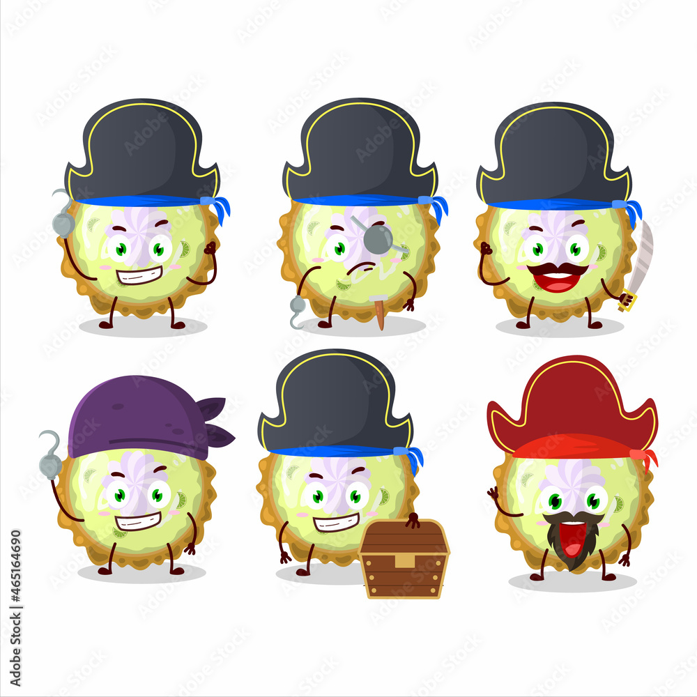Cartoon character of key lime pie with various pirates emoticons