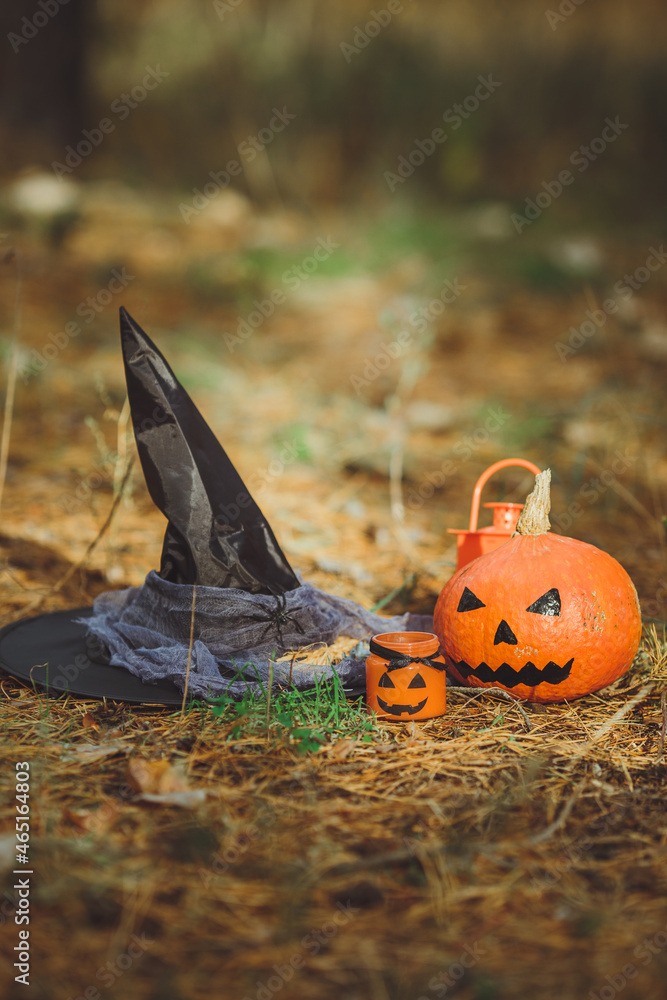 Halloween layout. Halloween concept. Halloween decorations on forest background. Witch hat, pumpkin