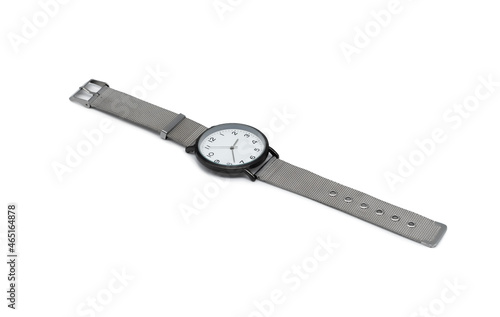 Wristwatch with a metal strap.