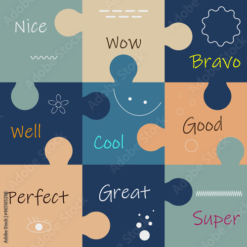 Retro puzzle, delight words. Abstract jigsaw joining corresponding square shapes. Matching a puzzle pattern with good words. The concept of modern friendly, united, teamwork in business. Vector