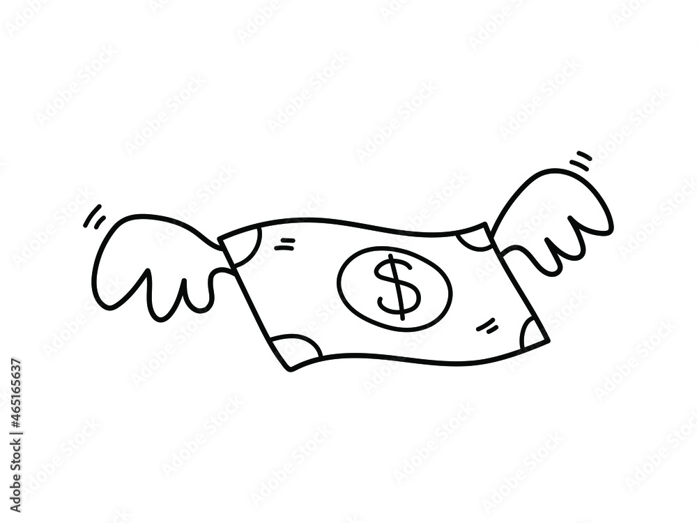 Money with dollar sign and wings, a hand drawn doodle illustration of a dollar inflation concept. Money with dollar sign and wings, a hand drawn doodle illustration of a dollar inflation concept.